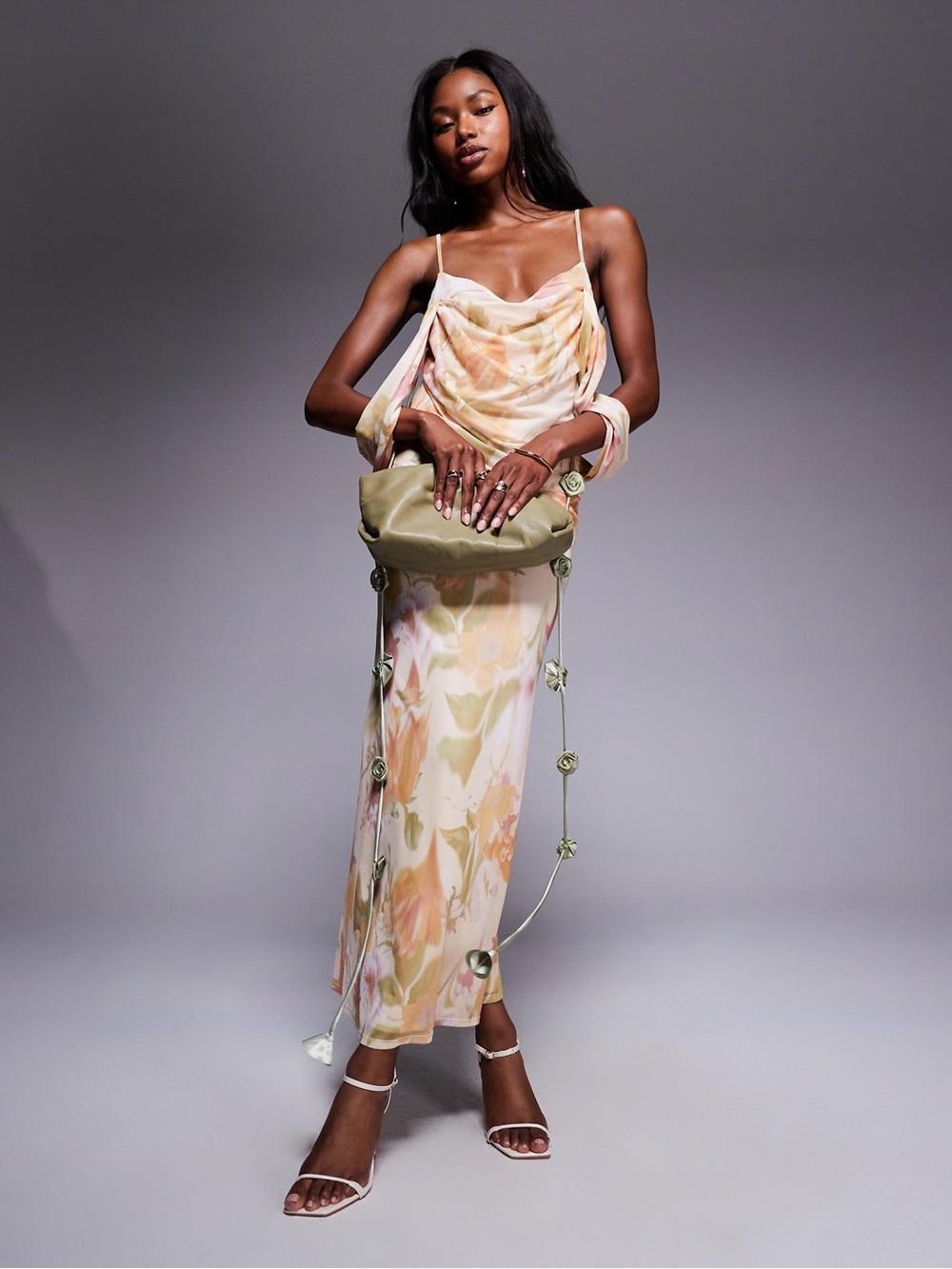 ASOS Pastel Floral Maxi Slip Skirt in Peach & Sage